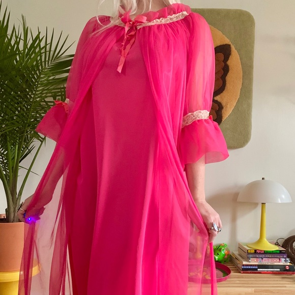 Vintage 70s got pink lingerie set peignoir robe ML - Picture 2 of 8